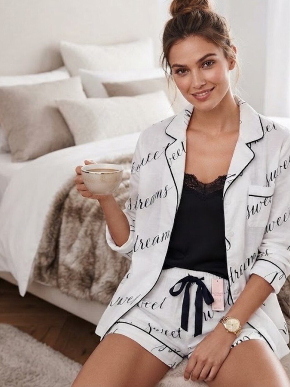 VICTORIA'S SECRET Flannel Short Pajama Set Large White‎ Sweet Dreams Large